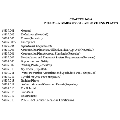 Tabbed and Highlighted Florida Administrative Code Chapter 64E-9 Public Swimming Pools and Bathing Places